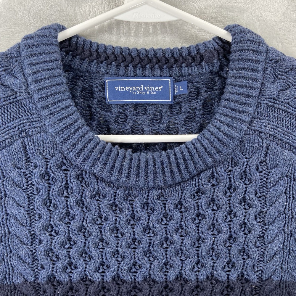 Vineyard Vines Sweater men's Large Chunky Knit Merino Wool Cotton Crew Neck Blue - Picture 3 of 11